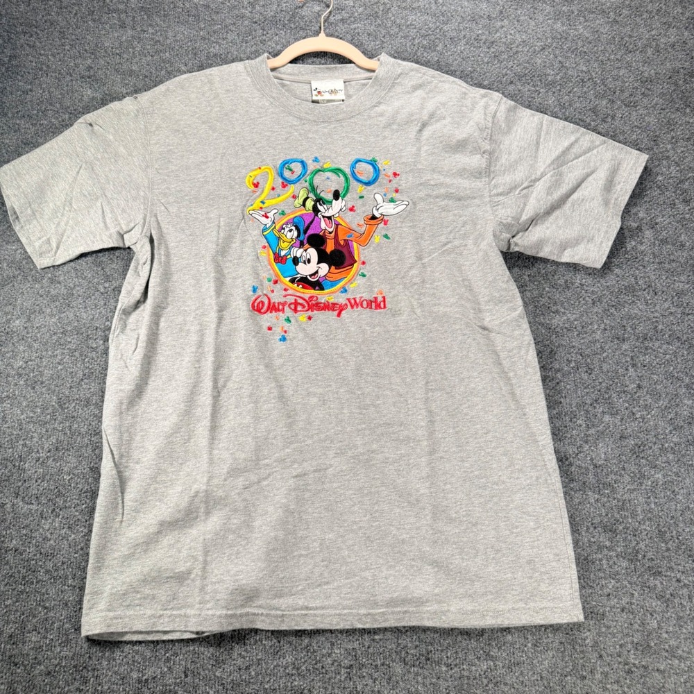 Disney World T Shirt Vintage 2000 Mickey Goofy Donald Embroidered Large Gray